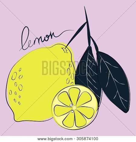 Vector Illustration Of Whole And Cut Lemons On Pastel Pink Background