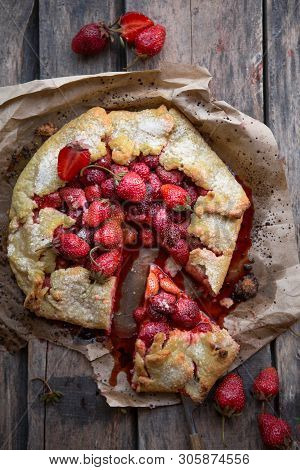 Summer Strawberry Gallete With Mix Of Berries. Rustic Style. Strawberry Pie