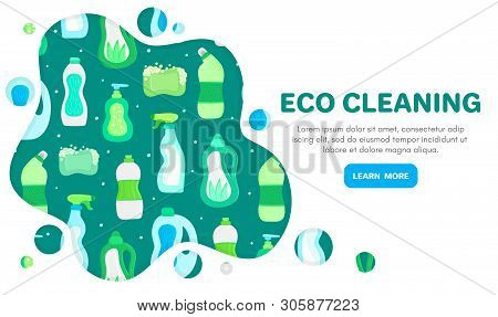 Vector Background With Eco Friendly Household Cleaning Supplies. Natural Detergents. Landing Page Te