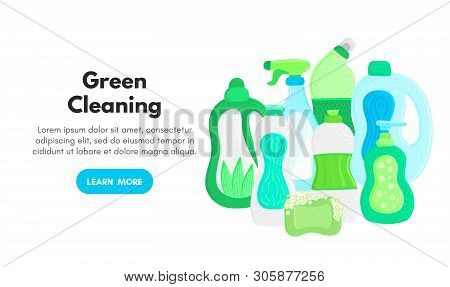 Vector Background With Eco Friendly Household Cleaning Supplies. Natural Detergents. Landing Page Te