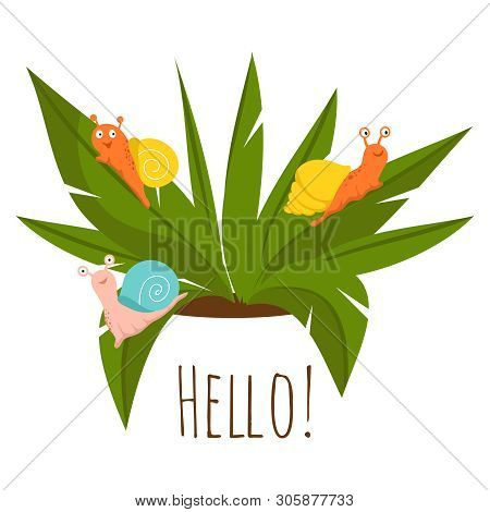Plant Pests, Snails On The Green Plant - Gardening Vector Illustration. Snail On Green Leaf Plant, G