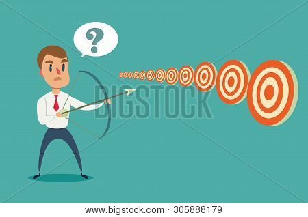 Businessman With Bow And Arrow Look At Multiple Targets. Cannot Decide Which Target To Shoot At. Sto