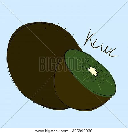 Vector Illustration Of Whole And Cut Kiwi On Pastel Blue Background