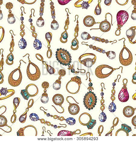 Jewelry Seamless Pattern. Vector Earrings And Rings Background. Illustration Of Jewelry Fashion, Pre