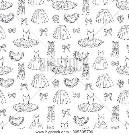 Hand Sketched Vector Ballet Dresses And Shoes Seamless Pattern. Ballet Dress And Tutu, Skirt Classic