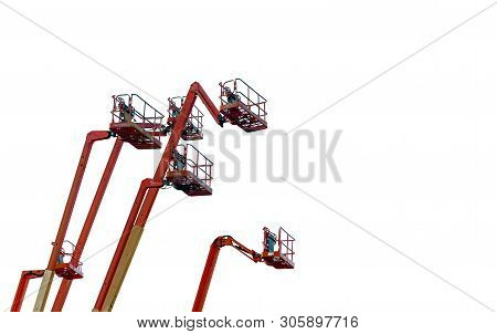 Orange Articulated Boom Lift. Aerial Platform Lift. Telescopic Boom Lift Isolated On White Backgroun