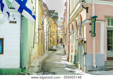 Tallinn, Estonia - Mar 03, 2013 - View Of Sauna Street And Viru Street In Spring. Historical Center 