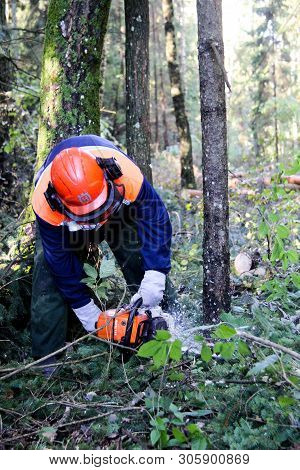Lumberjack With Headphones In The Forest.lumberjack In Protective Safety Work Wear With Chainsaw At 