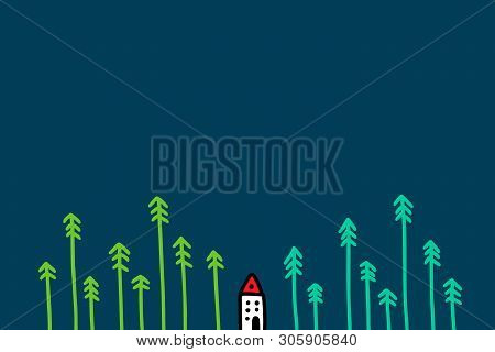 Small White House With Red Roof In The Forest Of Pines Hand Drawn Vector Illustration For Postcards 
