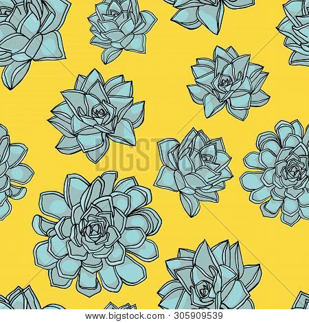 Hand Drawn Doodle Style Seamless Pattern With Common Houseleek, Sempervivum Tectorum Succulents