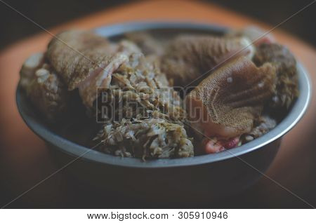 A Large Bowl Of Chopped Beef Stomach. Requirement For Feeding And Cooking. Beef Tripe. Selective Sof