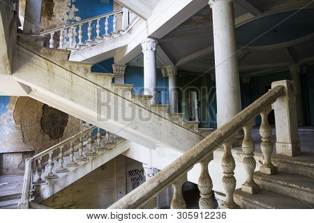 Tskaltubo, Georgia - April 27, 2019: Detail Of The Abandoned Soviet Sanatorium Iveria In Tskaltubo, 