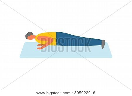 Sport And Exercise, Man Doing Push-ups On Rug Vector. Pumping Biceps, Healthy Lifestyle And Daily Wo
