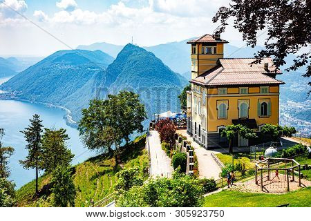 Mont Bre, Switzerland - June 08, 2019 View Of Resturant Vetta Over Lake Lugano