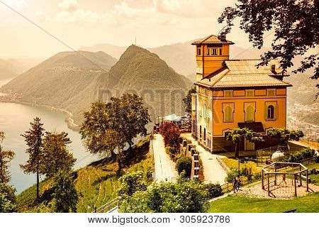Mont Bre, Switzerland - June 08, 2019 Beautiful View Of Resturant Vetta Over Lake Lugano