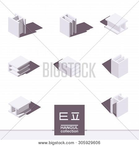 Korean Alphabet In Isometric Style, Drawn With White And Grey Shades And Shadows. Vector Collection 