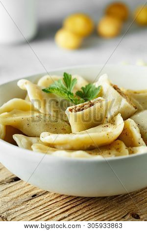 Dumplings, Filled With Mashed Potatoes And Liver. Russian, Ukrainian Or Polish Dish: Varenyky, Varen