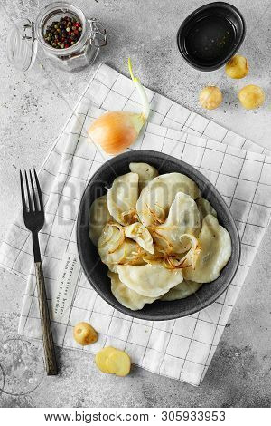 Dumplings, Filled With Mashed Potatoes And Onions. Russian, Ukrainian Or Polish Dish: Varenyky, Vare