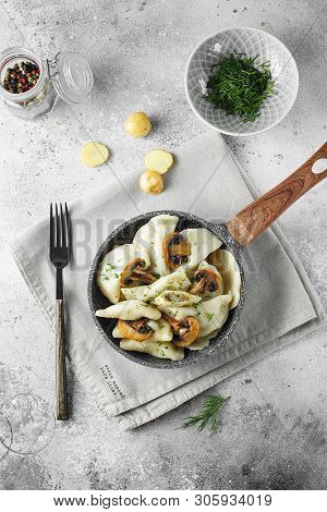 Dumplings, Filled With Mashed Potatoes And Mushrooms. Russian, Ukrainian Or Polish Dish: Varenyky, V