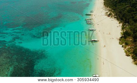 Travel Concept: Sand Beach With Tourists And Turquoise Water On Boracay, Philippines, Aerial Drone. 
