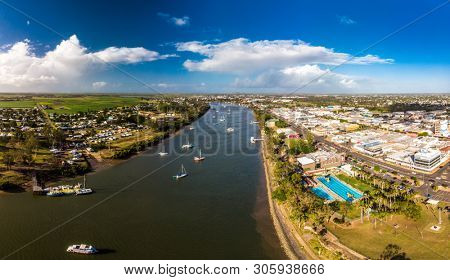 Aerial drone view of central area of Bundaberg, Queensland, Australia