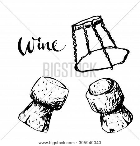 Sparkling Wine Cork From Different Views And Muselet. Vintage Black And White Illustration, Isolated