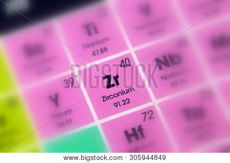 Chemical Element Zirconium With The Symbol Zr And Atomic Number 40.