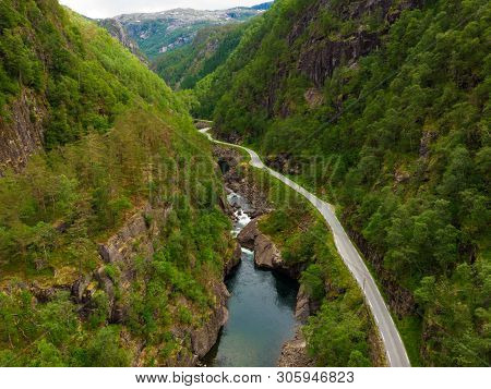 Road And River In Green Mountains, Norway. National Tourist Ryfylke Route.