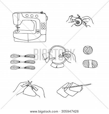 Hand Drawn Set Of Objects For Sewing. Handicraft Sketch Colletcion.