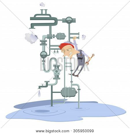 Breakdown, Mechanic And Pipe Construction Illustration. Comic Mechanic With A Big Wrench Repairs Pip