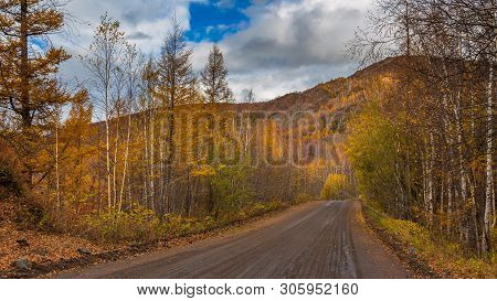 Unnamed, Gravel Road On Peninsula Kamchatka, Landscape In Autumn Colors. Bystrinsky District, Russia