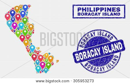 Vector Bright Mosaic Boracay Island Map And Grunge Watermarks. Abstract Boracay Island Map Is Compos
