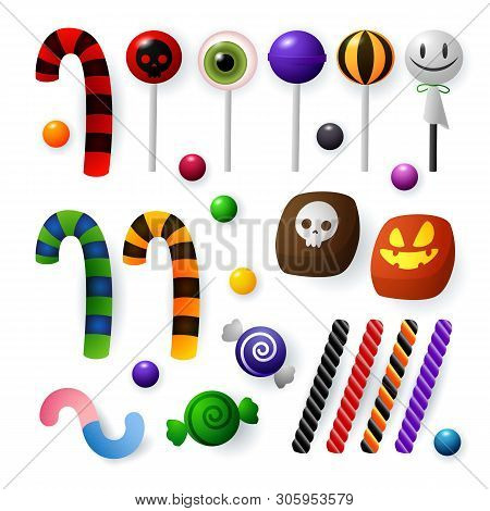 Candies And Sweets For Halloween Celebration. Lollipop, Liquorice And Toffee With Canes. Can Be Used
