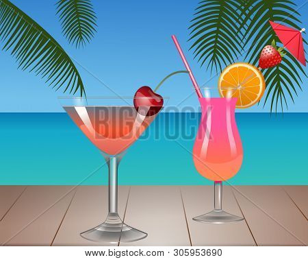 Two Fruits Cocktails On Tropic Beach Illustration