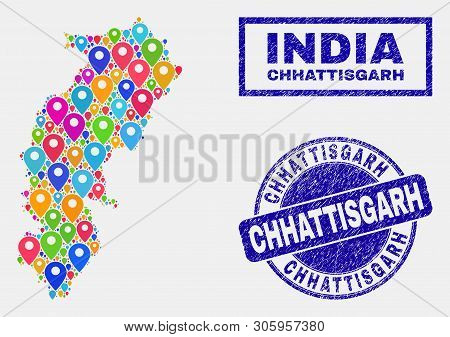 Vector Colorful Mosaic Chhattisgarh State Map And Grunge Seals. Abstract Chhattisgarh State Map Is C