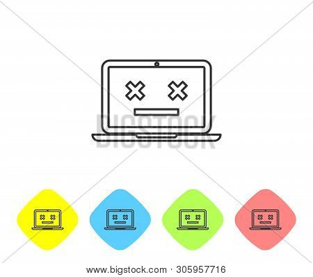 Grey Dead Laptop Line Icon Isolated On White Background. 404 Error Like Laptop With Dead Emoji. Fata