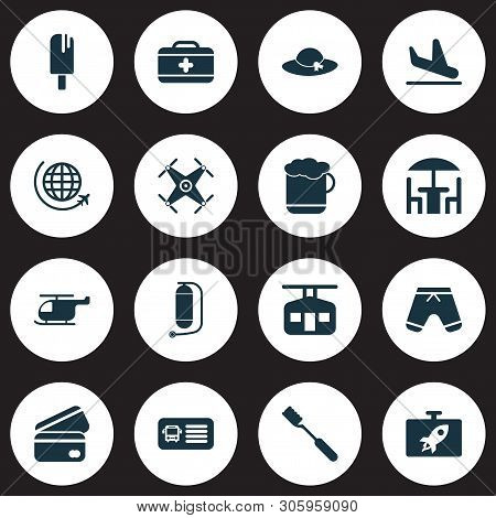Travel Icons Set With Plane Landing, Ski Cabin, Flask Swimming Trunks Elements. Isolated Vector Illu