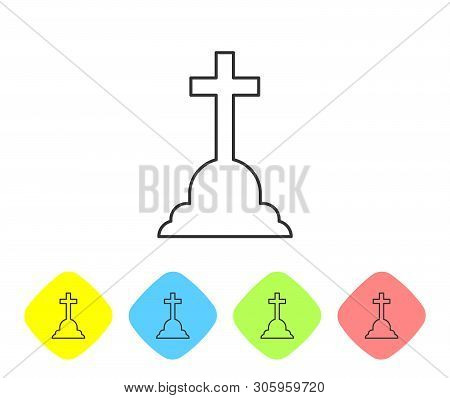 Grey Tombstone With Cross Line Icon Isolated On White Background. Grave Icon. Set Icon In Color Rhom