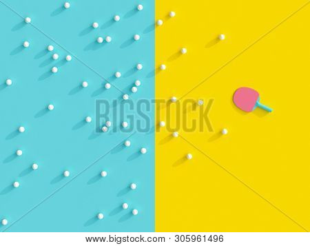 ping pong racket with many white balls that cast a long shadow. 3d render image in a flat lay style.