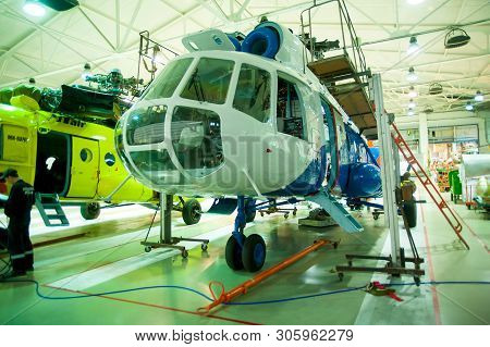 Tyumen, Russia - June 5, 2019: Aircraft Repair Helicopter Utair Engineering Plant. Mi-8 Helicopter D