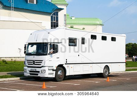 Ufa, Russia - September 12, 2009: Horse Carrier Truck Mercedes-benz Axor 1828 In The City Street.