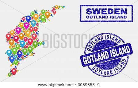 Vector Colorful Mosaic Gotland Island Map And Grunge Stamps. Flat Gotland Island Map Is Composed Fro