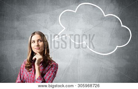Brown Haired Woman Looks Pensive Upwards And Tries To Remember Something. Blank Speech Bubble Illust