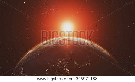 Planet Earth Orbit Zoom In Red Sunlight Radiance. Celestial Navigation Starry Galaxy Background Solar System Outer Space Exploration Concept 3D Animation