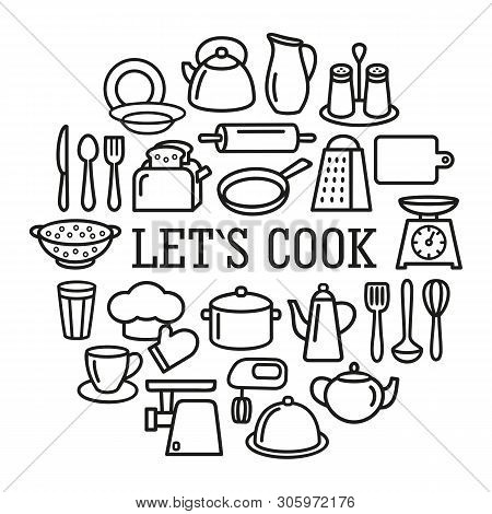 Cooking Set In Circle Template Of Modern Thin Line Icons Home Tableware, Household And Kitchen Utens