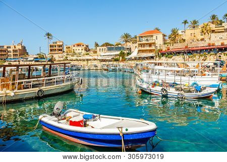 Mediterranean Jbeil Port Lagoon With Anchored Fishing Boats, Biblos, Lebanon