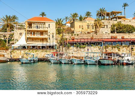 Mediterranean Port Lagoon With Anchored Fishing Boats, Biblos, Lebanon