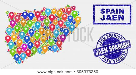 Vector Colorful Mosaic Jaen Spanish Province Map And Grunge Stamp Seals. Flat Jaen Spanish Province 
