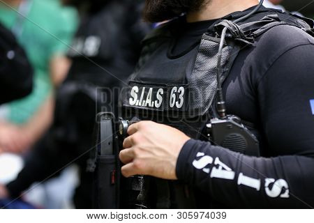 Bucharest, Romania - June 10, 2019: Details With The Uniform And Security Kit Of A Romanian Sias (th
