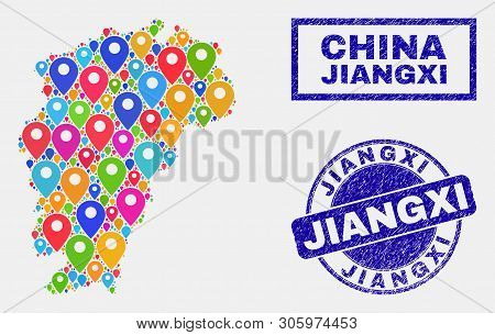 Vector Bright Mosaic Jiangxi Province Map And Grunge Seals. Abstract Jiangxi Province Map Is Created
